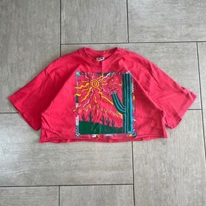 Vintage Hanes Beefy T Red Southwestern Cactus Graphic Cropped Single Stitch Tee